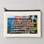 Beige pouch with Fairfield County towns in magazine cut out print