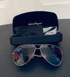 Salvatore Ferragamo Gold Metal Gancini Hinge Aviator Sunglasses With Hard Case