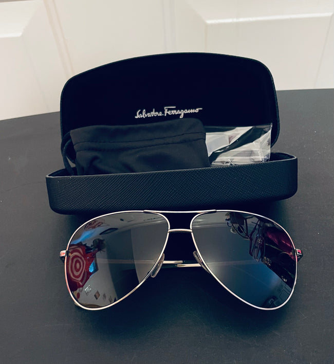 Salvatore Ferragamo Gold Metal Gancini Hinge Aviator Sunglasses With Hard Case Hover Image