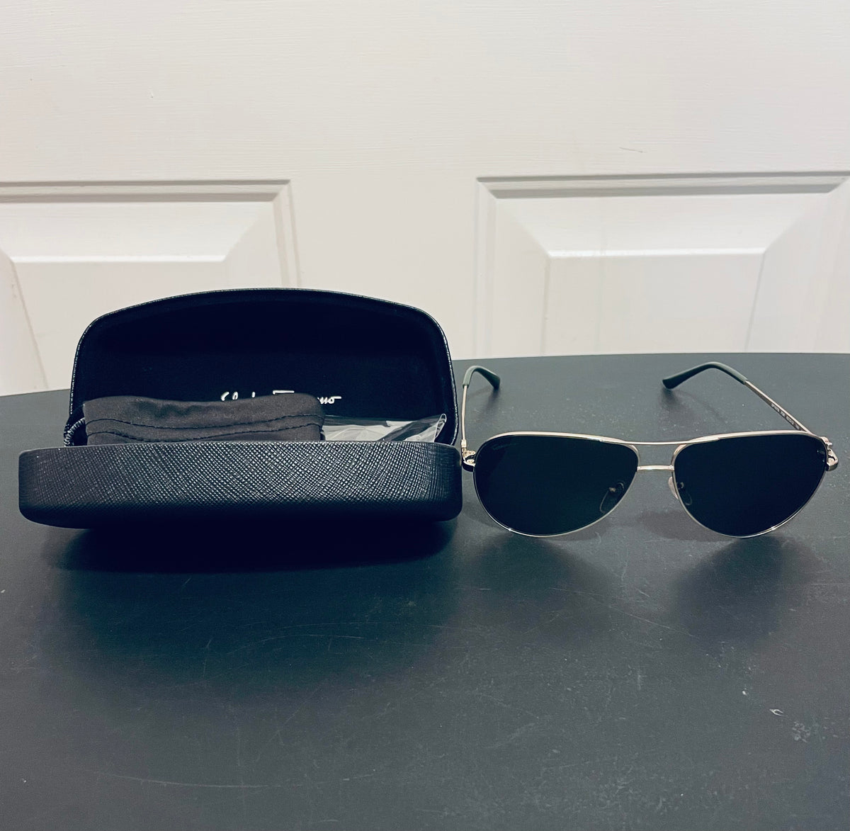 Salvatore Ferragamo Gold Metal Gancini Hinge Aviator Sunglasses With Hard Case - view 2