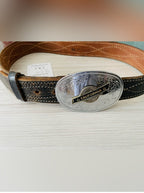 Vintage brown leather belt with California silver buckle medallion￼