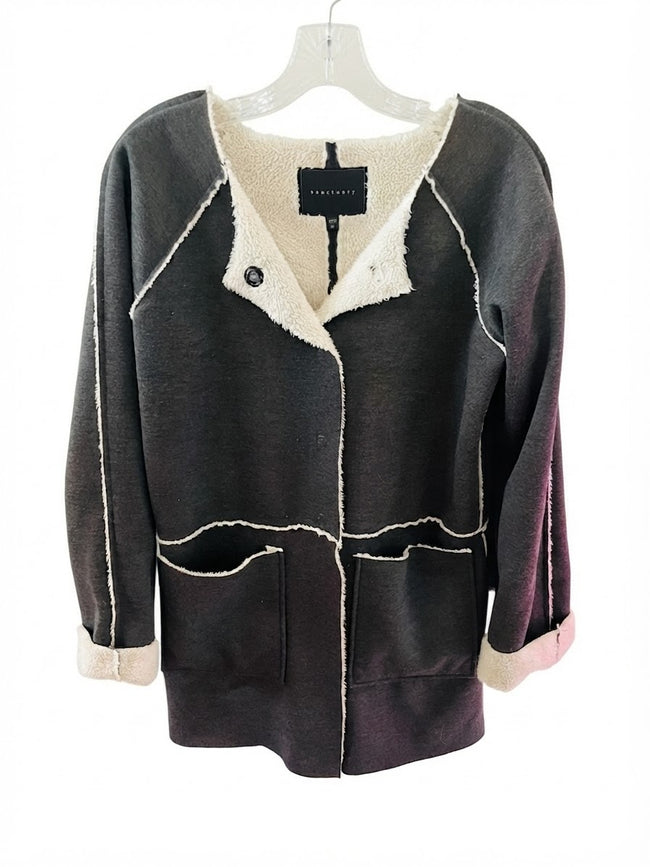 Sanctuary gray jacket with cream Sherpa trim and lining ￼ Hover Image