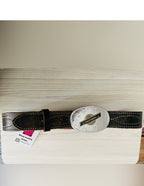 Vintage brown leather belt with California silver buckle medallion￼