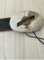 Vintage brown leather belt with California silver buckle medallion￼