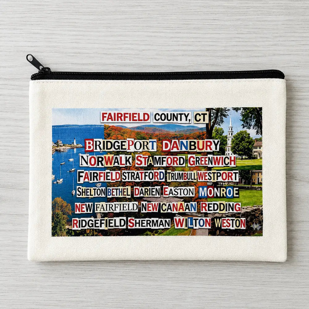 Beige pouch with Fairfield County towns in magazine cut out print