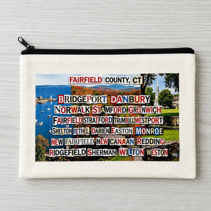Beige pouch with Fairfield County towns in magazine cut out print