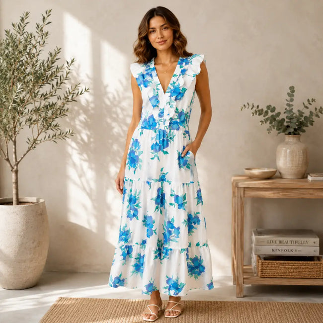 J. Crew tiered ruffle blue floral midi dress Hover Image