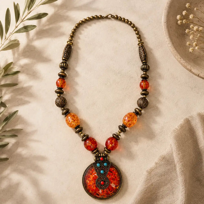 Boho Amber & Bronze Statement Pendant Necklace Hover Image